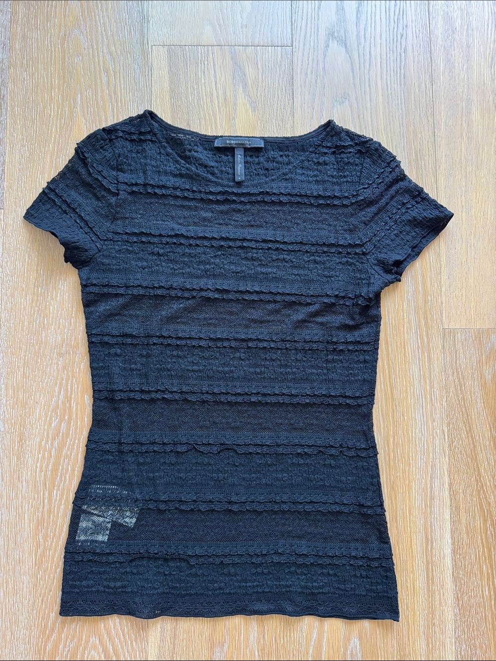 BCBGMaxAzria Lizza Black Short Sleeve Lace-Texture Tee